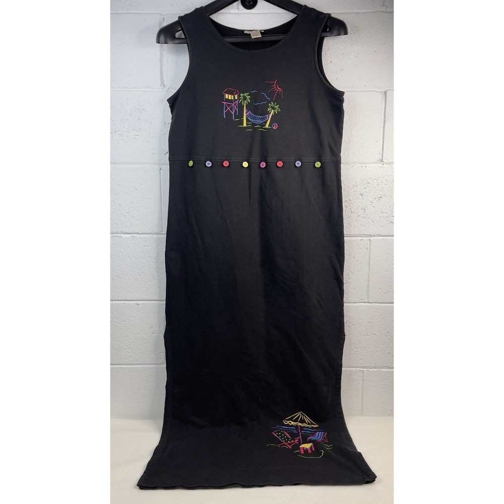 vtg SWEET JESSIE‎ Black beach Sea Side LONG DRESS  sleeveless Sz L